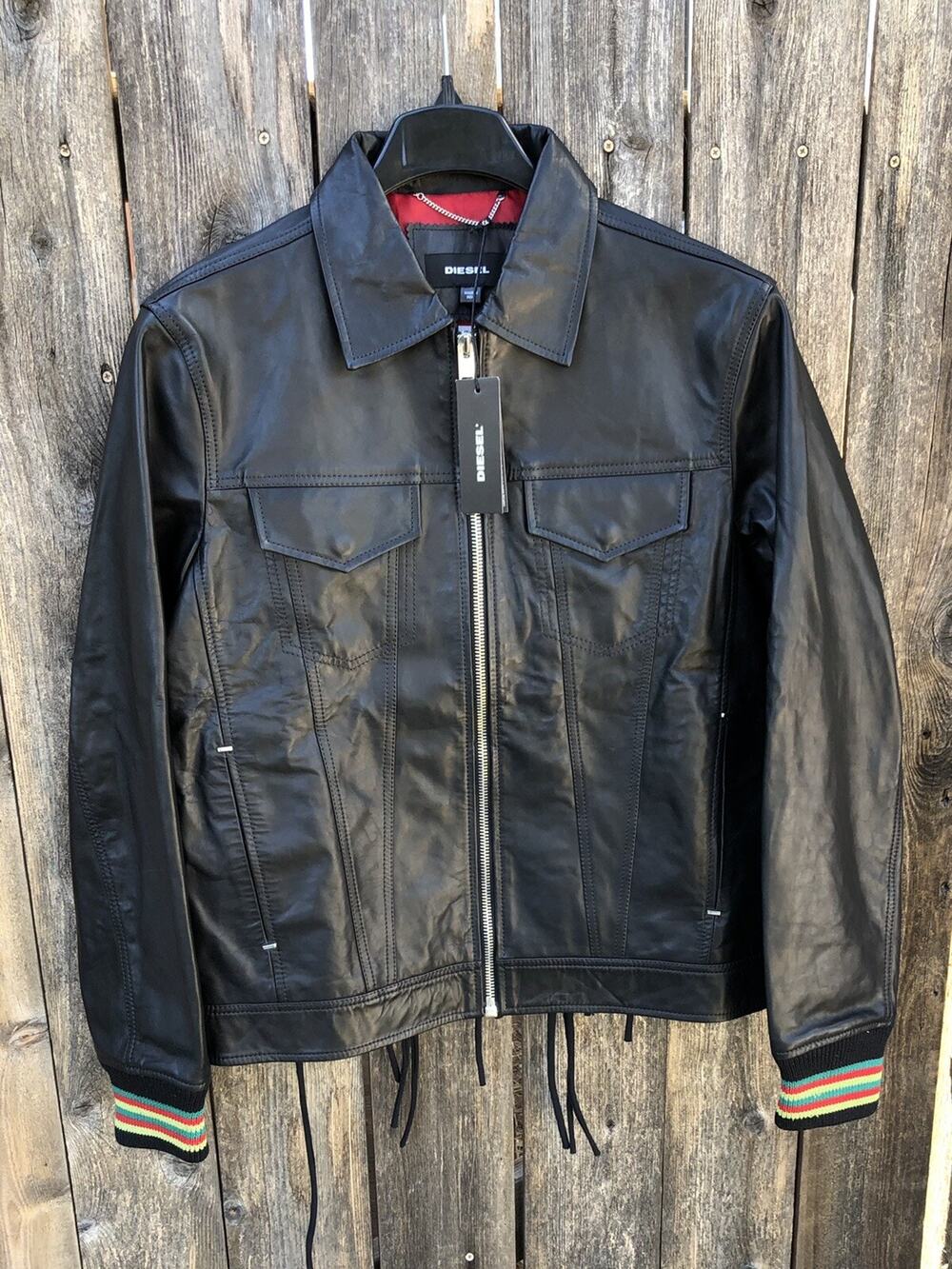 Diesel Black Leather Jacket with Striped Cuff Detail